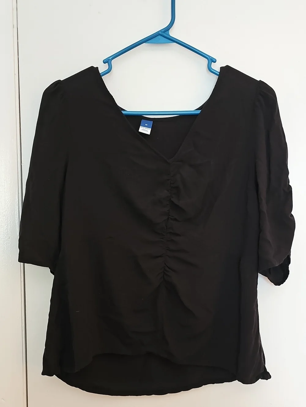 Old Navy Black V-Neck Ruched Front Short Puff Sleeve Blouse